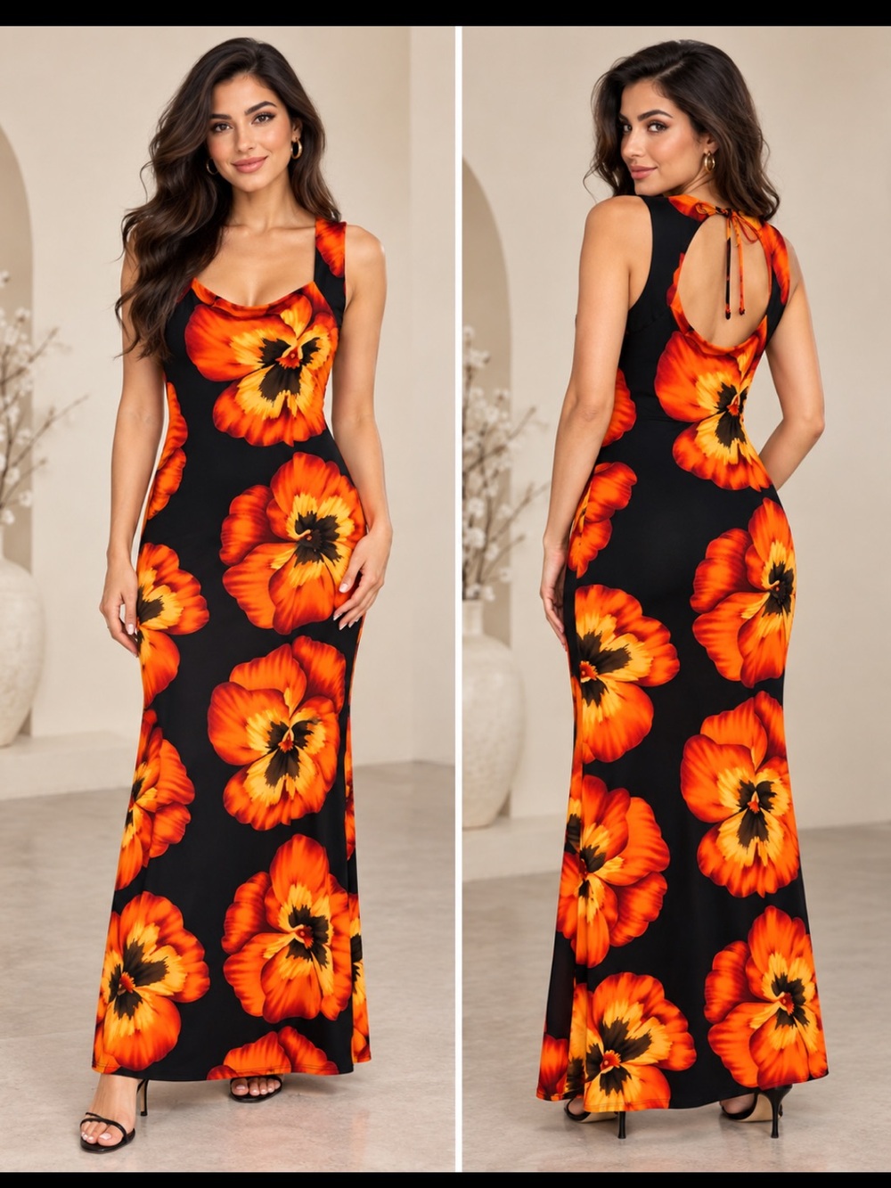 Younique Black Maxi Dress with Vibrant Orange Floral Print